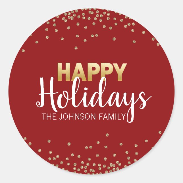 RED Gold Glitter Confetti Xmas Happy HOLIDAYS Classic Round Sticker (Front)