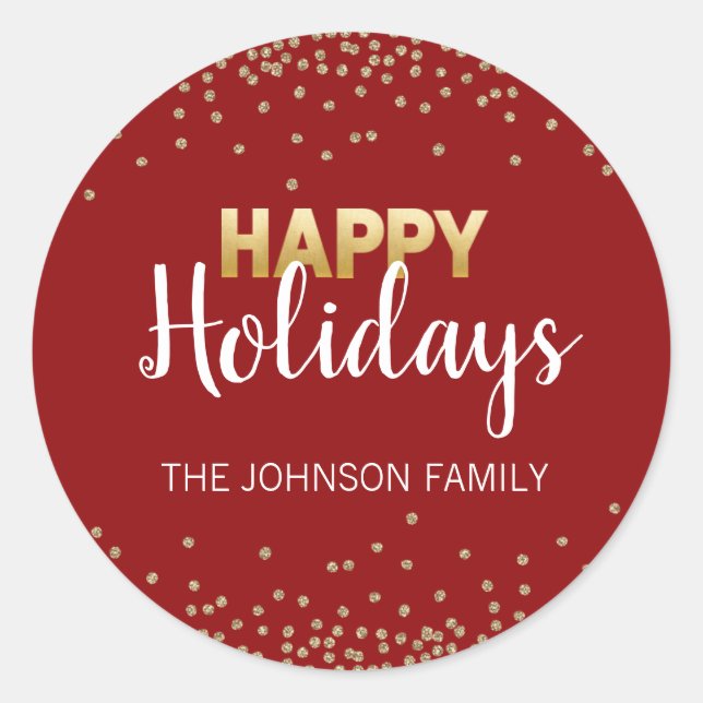 RED Gold Glitter Confetti Xmas Happy HOLIDAYS Classic Round Sticker (Front)