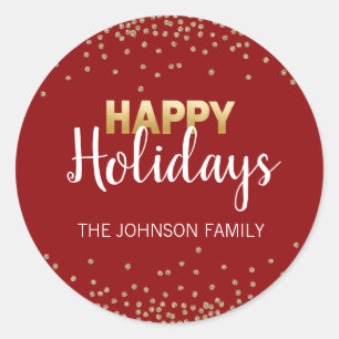 RED Gold Glitter Confetti Xmas Happy HOLIDAYS Classic Round Sticker