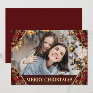 Red & Gold Glitter Corners Family Photo Christmas Holiday Card