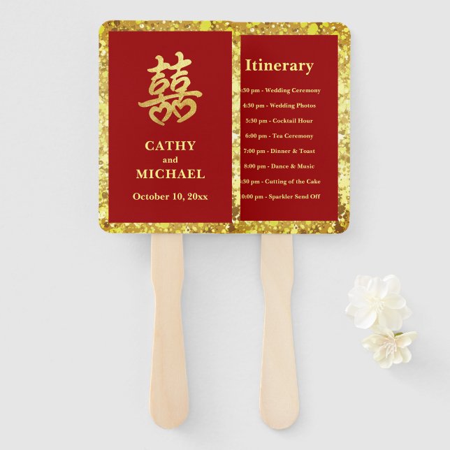Red gold glitter double happiness wedding program hand fan (Front and Back)
