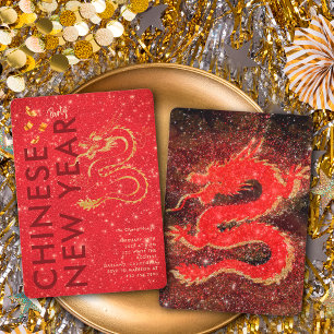 Red Gold Glitter Dragon Lunar New Year Party Invitation