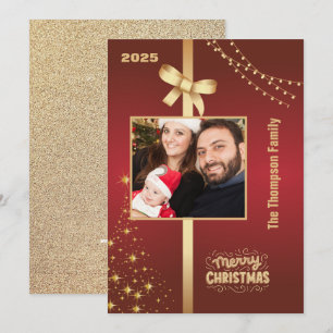 Red Gold Glitter Family Photo Christmas  Holiday Card