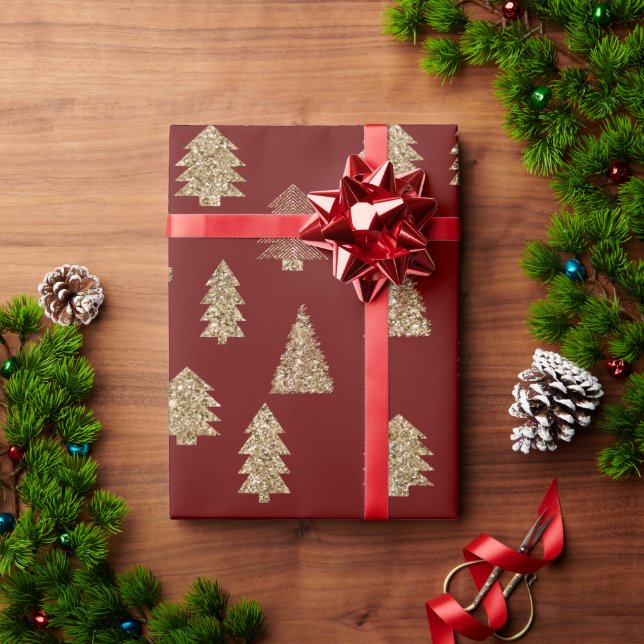 Red Gold Glitter Glam Christmas Trees Wrapping Paper (Holiday Gift)