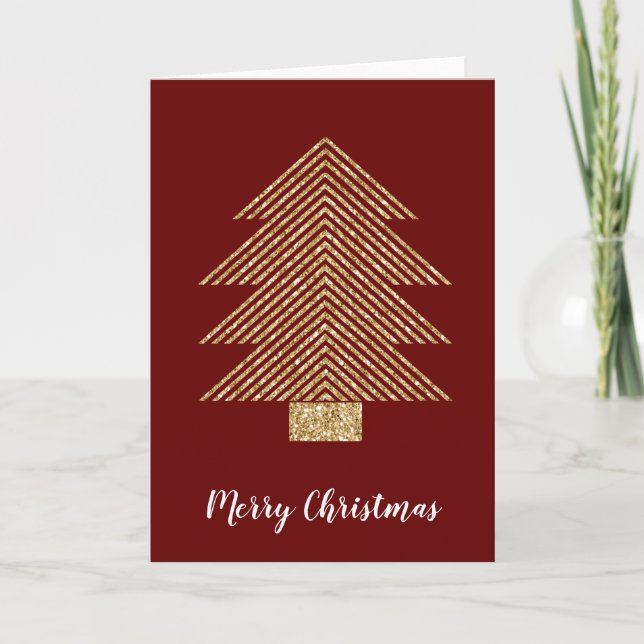 Red Gold Glitter Glitzy Christmas Tree Card (Front)