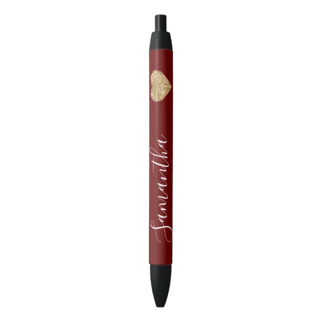 Red Gold Glitter Heart Personalized Name Black Ink Pen (Front Vertical)
