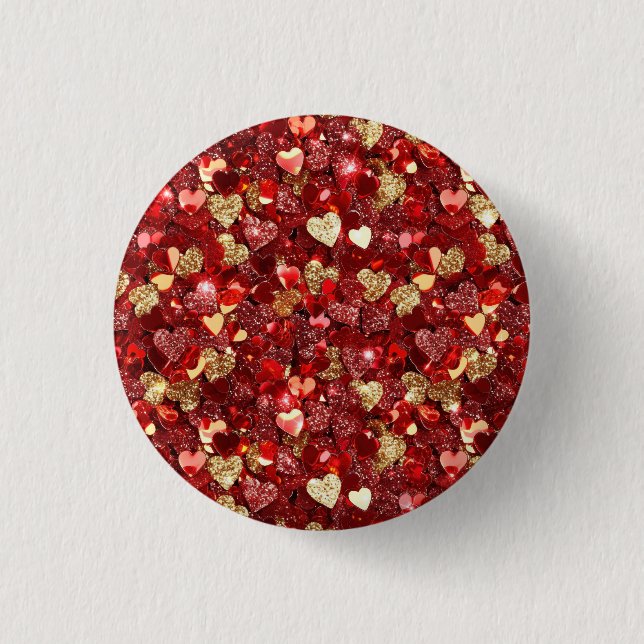 Red Gold Glitter Hearts 1 Inch Round Button (Front)