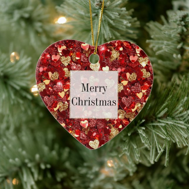 Red Gold Glitter Hearts Christmas Ceramic Ornament (Tree)
