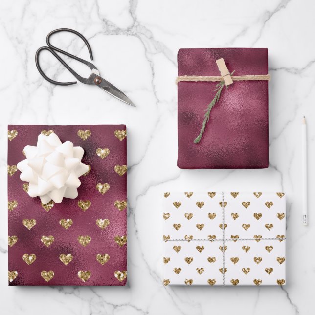 Red Gold Glitter Hearts Wrapping Paper Sheet (Front)