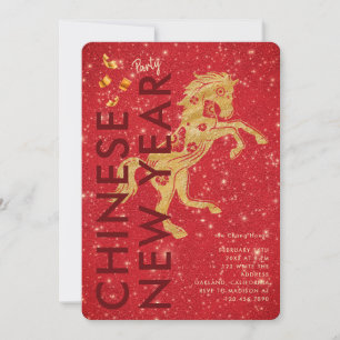 Red Gold Glitter Horse Lunar New Year Party Invitation