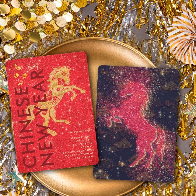 Red Gold Glitter Horse Lunar New Year Party Invitation (Creator Uploaded)