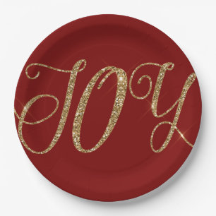 Red Gold Glitter Joy Christmas Paper Plate