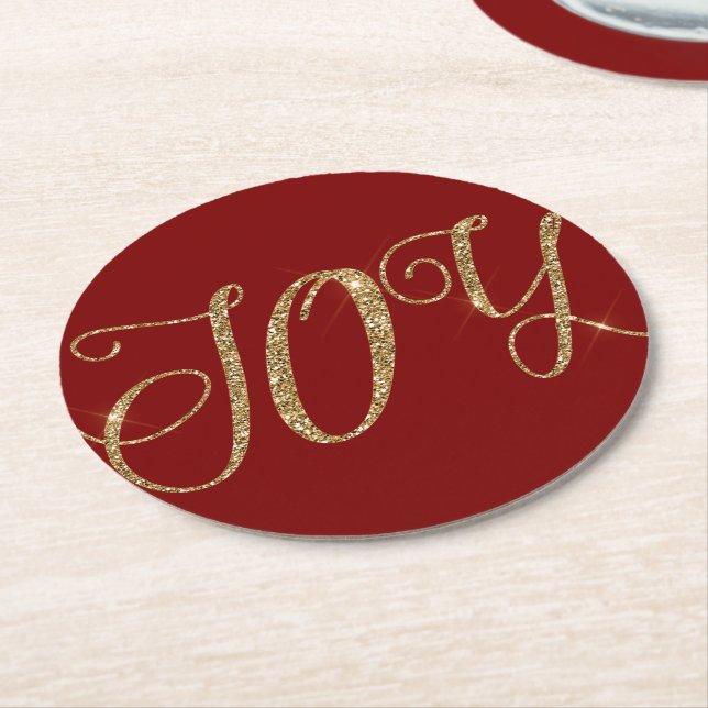 Red Gold Glitter Joy Christmas Round Paper Coaster (Angled)