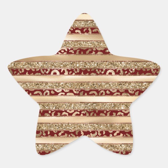 Red Gold Glitter Leopard Print Stripes Star Sticker (Front)