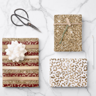 Red Gold Glitter Leopard Print Stripes Wrapping Paper Sheet