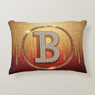 Red Gold Glitter Letter B Monogram Personal Initia Accent Pillow