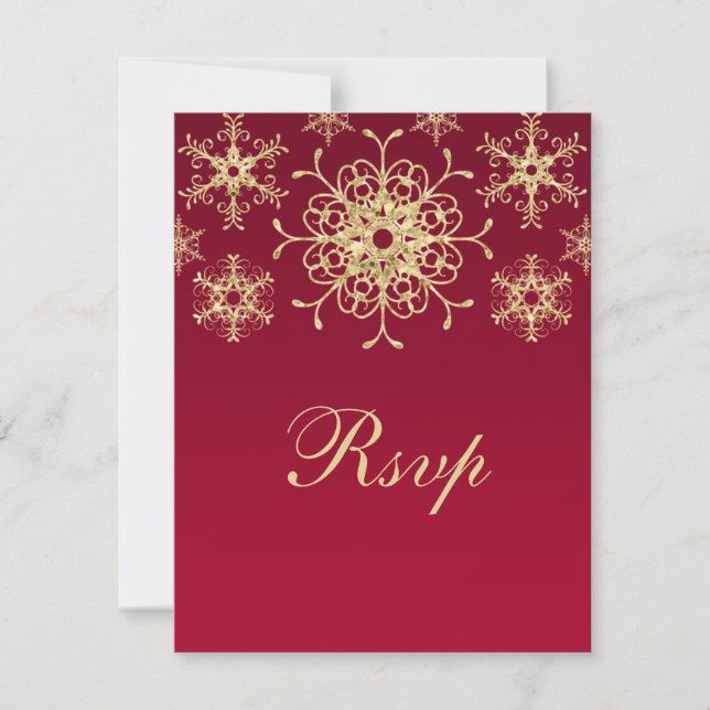 Red, Gold Glitter LOOK Snowflakes RSVP Card (Front)