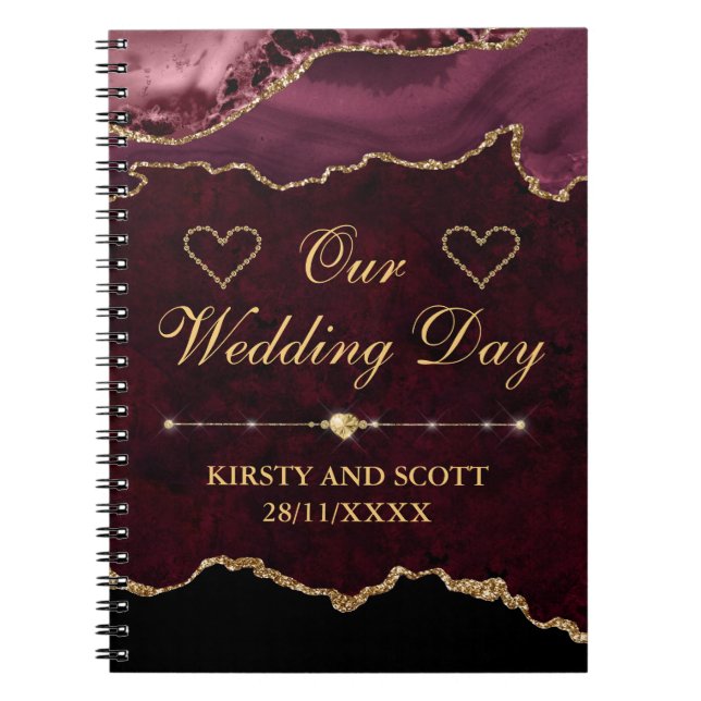 Red & Gold Glitter Marble Agate Wedding Day Notebook (Front)