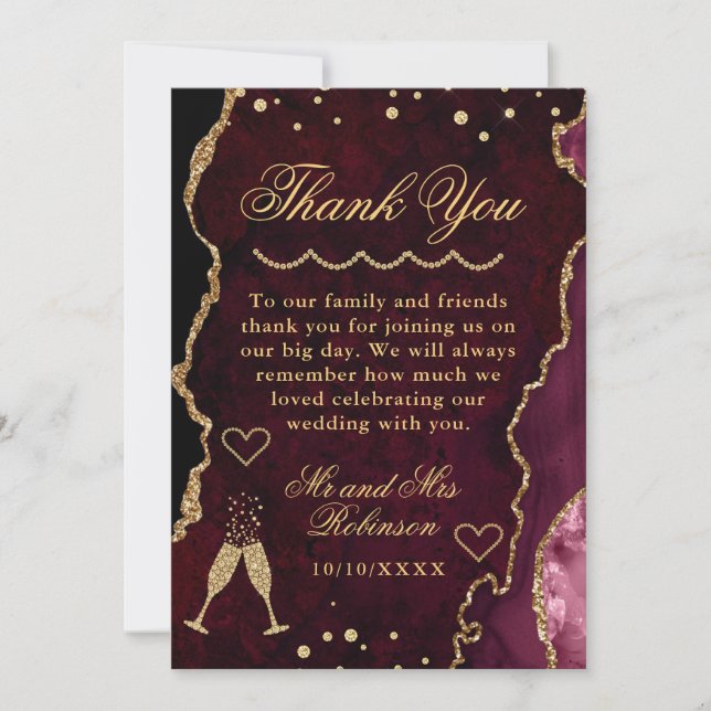 Red & Gold Glitter Marble Agate Wedding Thank You Card (Front)