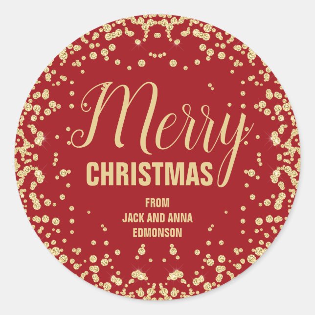 Red Gold Glitter Merry Christmas Classic Round Sticker (Front)