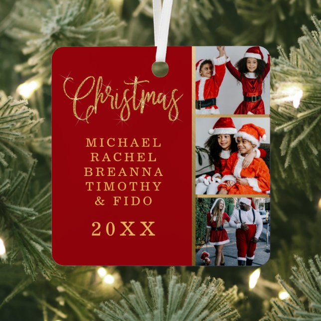 Red Gold Glitter Names Year Family Photo Christmas Metal Ornament (Insitu)