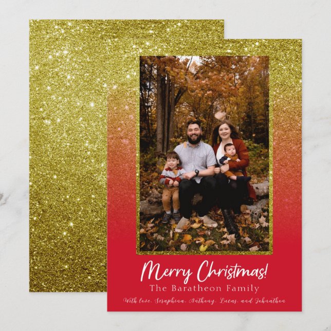 Red Gold Glitter Personalized Family Christmas Holiday Card (Front/Back)