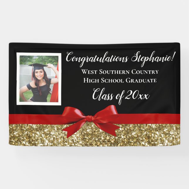 Red Gold Glitter Photo Graduation Banner Sign (Horizontal)