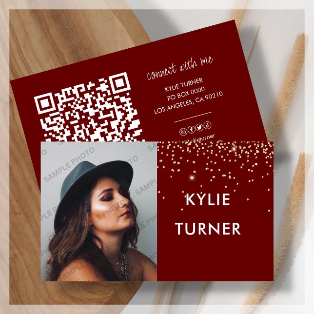 Red | Gold Glitter | Photo | QR Code | Social Business Card (Creator Uploaded)