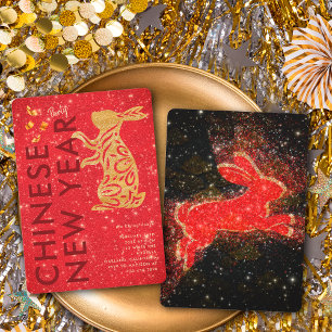 Red Gold Glitter Rabbit Lunar New Year Party Invitation