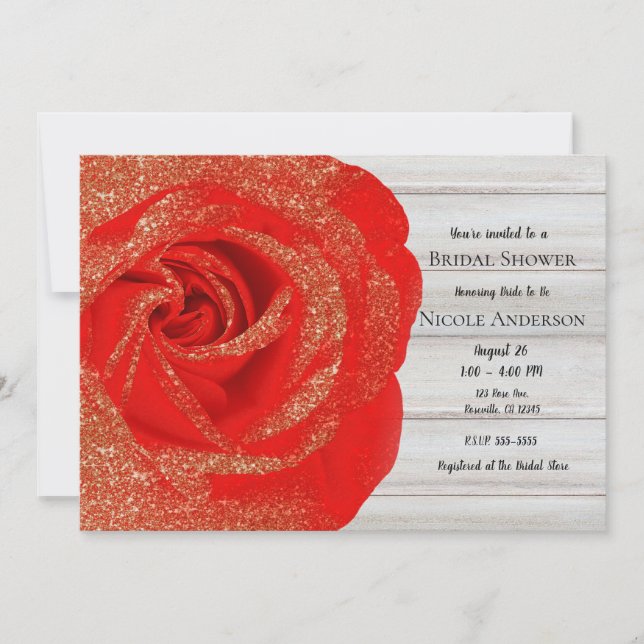 Red Gold Glitter Rose White Wood Shabby Chic Invitation (Front)