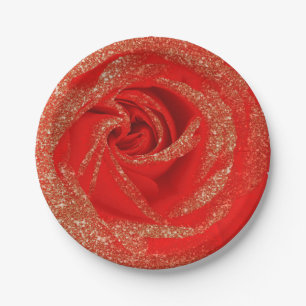 Red Gold Glitter Rose White Wood Shabby Chic Paper Plate