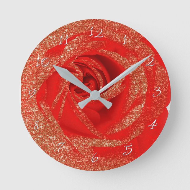 Red Gold Glitter Rose White Wood Shabby Chic Round Clock (Front)