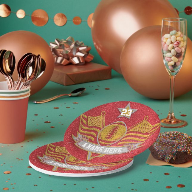 Red & Gold Glitter School Football Team Sports Paper Plate (Multi)