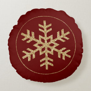 Red Gold Glitter Snowflake Round Pillow
