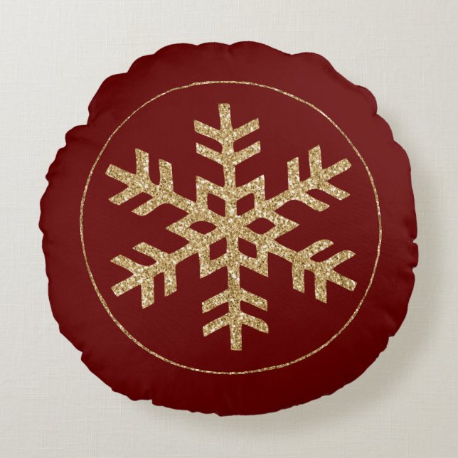 Red Gold Glitter Snowflake Round Pillow (Front)