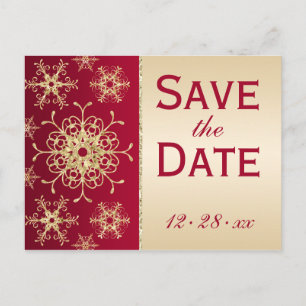 Red Gold Glitter Snowflakes Save the Date Postcard