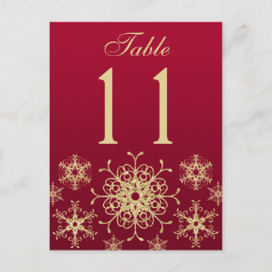 red, Gold Glitter Snowflakes Table Number Card