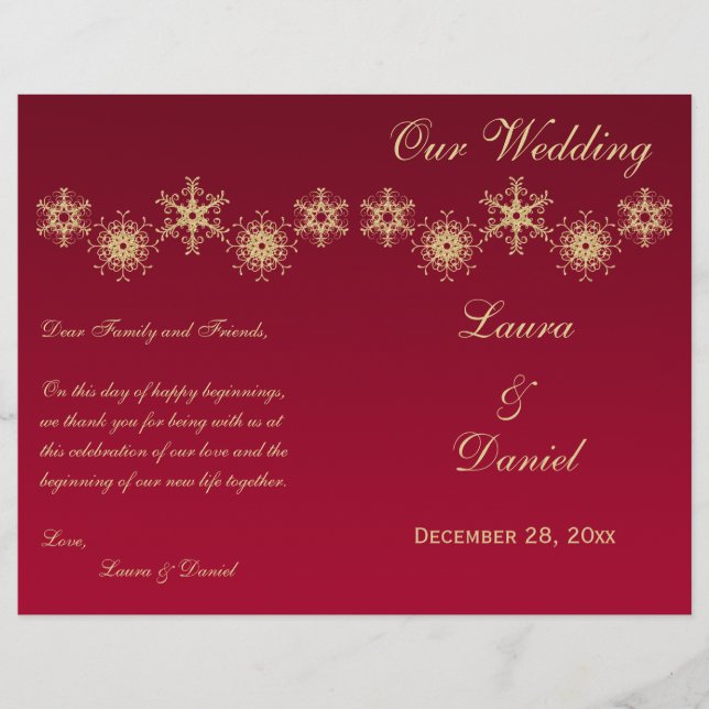 Red, Gold Glitter Snowflakes Wedding Program (Front)