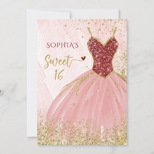 Red Gold Glitter Sparkle Dress Sweet 16 birthday Invitation (Front)