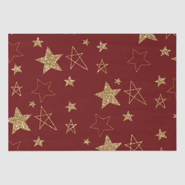 Red Gold Glitter Stars Tissue Paper (Front)