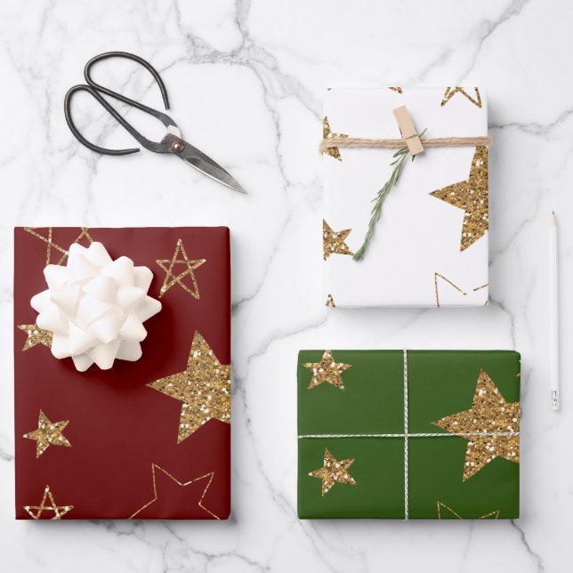 Red Gold Glitter Stars Wrapping Paper Sheet (Front)