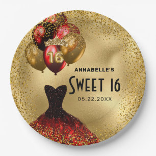 Red Gold Glitter Sweet 16 Paper Plate