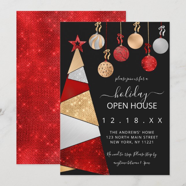Red Gold Glitter Tree Ornaments Holiday Open House Invitation (Front/Back)