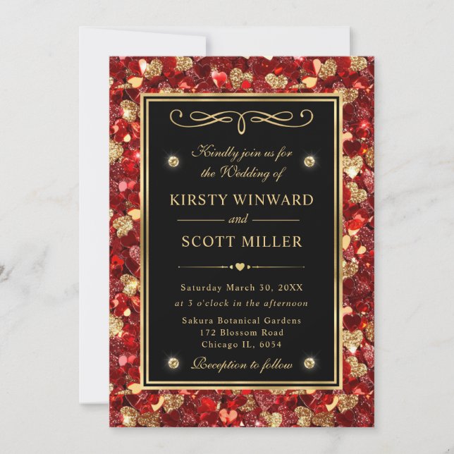 Red & Gold Glitter Valentine Hearts Wedding Invitation (Front)