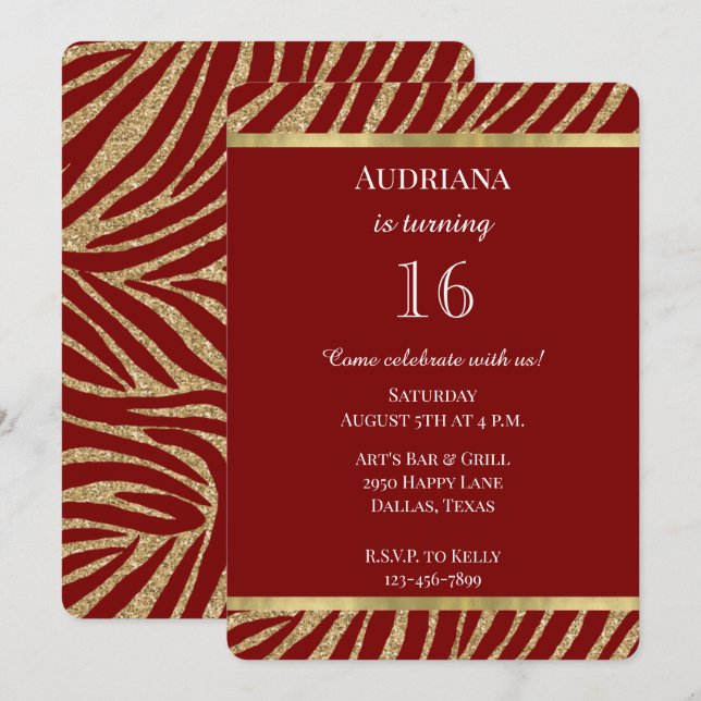 Red Gold Glitter Zebra Animal Birthday Invitation (Front/Back)