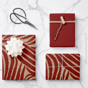Red Gold Glitter Zebra Birthday  Wrapping Paper Sheet