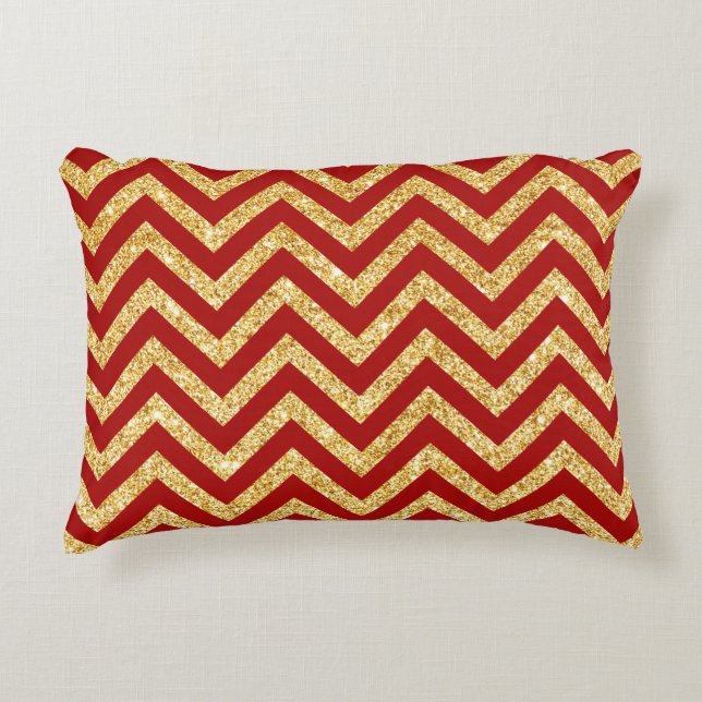 Red Gold Glitter Zigzag Stripes Chevron Pattern Decorative Pillow (Front)