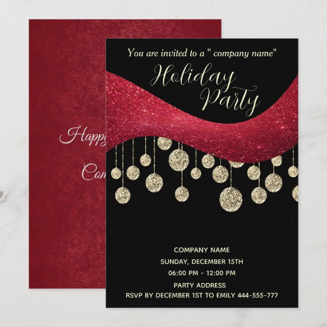 Red gold glittery simple corporate Christmas party Invitation (Front/Back)