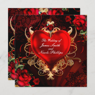 Red & Gold Gothic Love Romance Heart Wedding Invitation