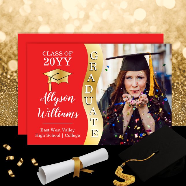 Red | Gold Graduate Wave Grad Cap Photo Announcement (Red and Gold Tone "Graduate" Wave Grad Cap One Photo Graduation Announcement - Print | Download)